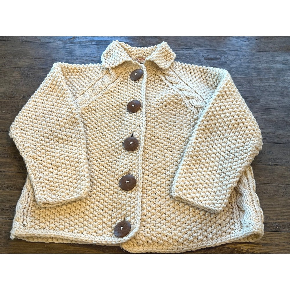Hand Made Chunky Knit Cardigan Sweater Sue Burwell Cream Wool Blend Wood Buttons